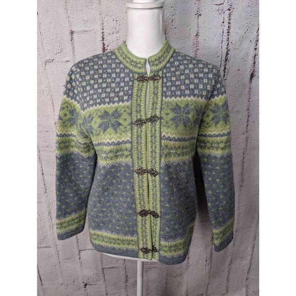 Carroll Reed Nordic Fair Isle Green Gray Wool Clasp Cardigan Sweater Women's Siz - Picture 1 of 8